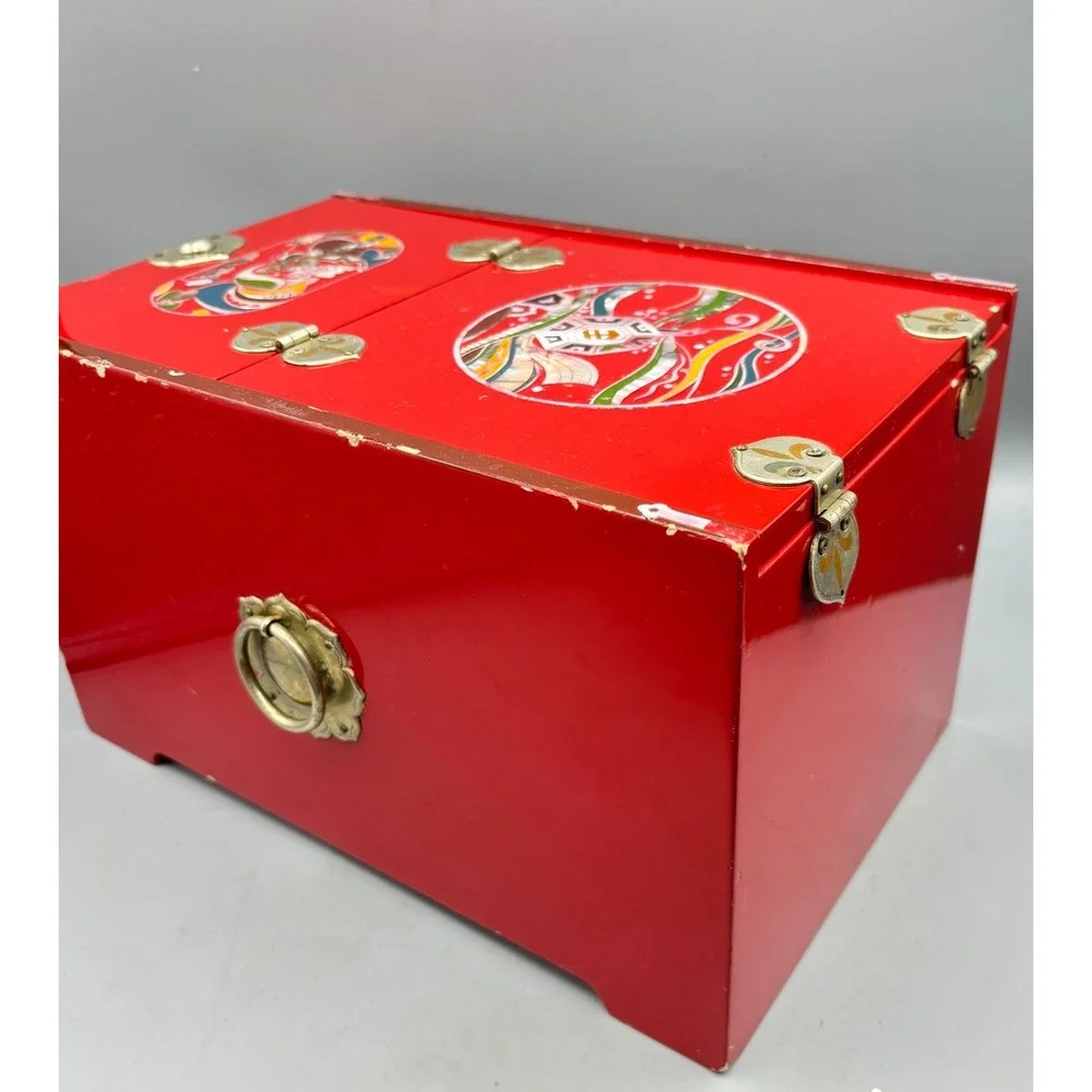 Vintage Red Lacquer Jewelry Box Sun Moon Deer Inlay Brass Accents Asian‎
